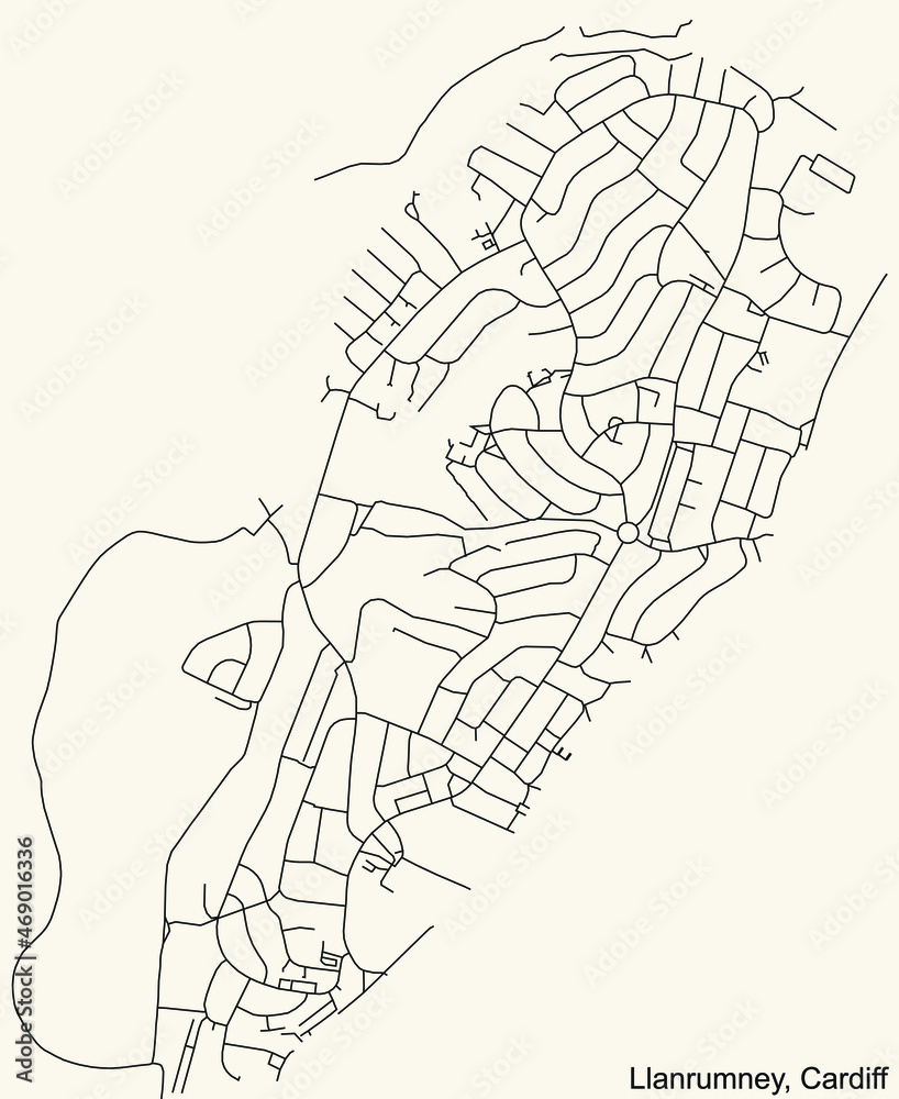 Detailed navigation urban street roads map on vintage beige background of the quarter Llanrumney electoral ward of the Welsh capital city of Cardiff, United Kingdom