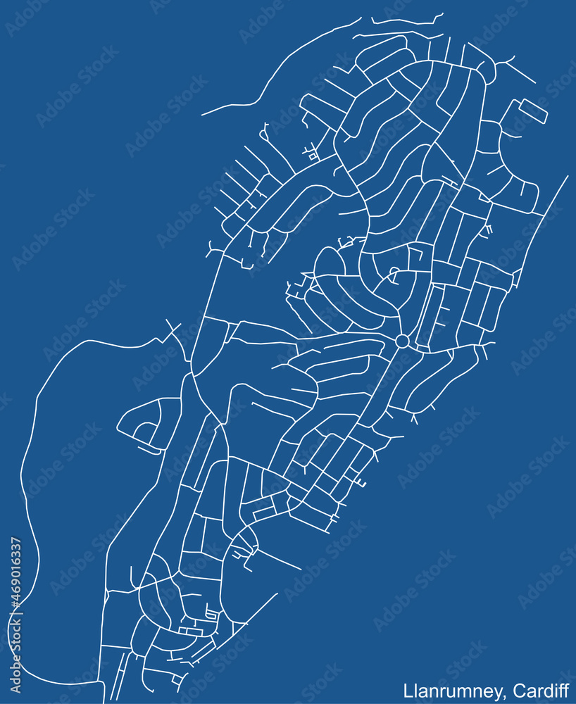 Detailed navigation urban street roads map on blue technical drawing background of the quarter Llanrumney electoral ward of the Welsh capital city of Cardiff, United Kingdom