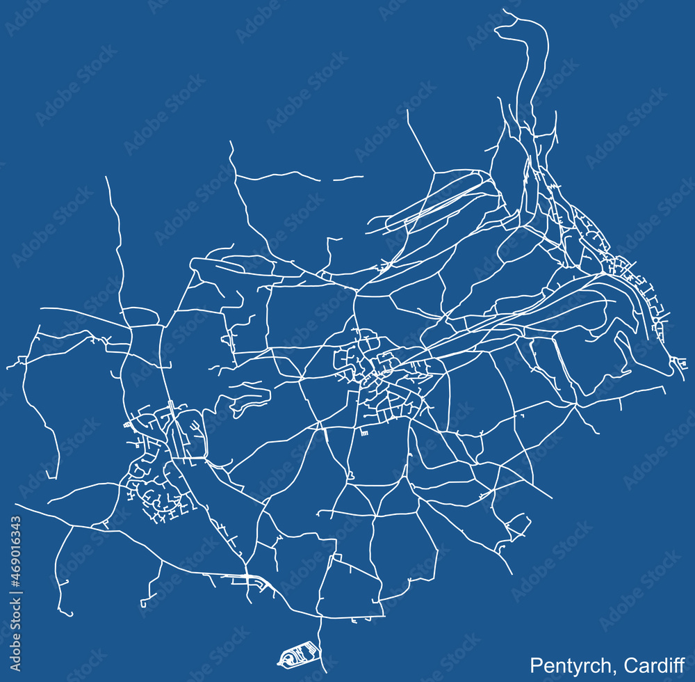 Detailed navigation urban street roads map on blue technical drawing background of the quarter Pentyrch electoral ward of the Welsh capital city of Cardiff, United Kingdom
