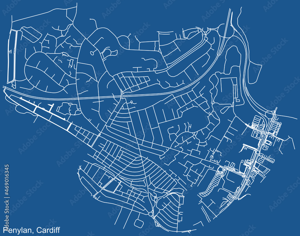 Detailed navigation urban street roads map on blue technical drawing background of the quarter Penylan electoral ward of the Welsh capital city of Cardiff, United Kingdom