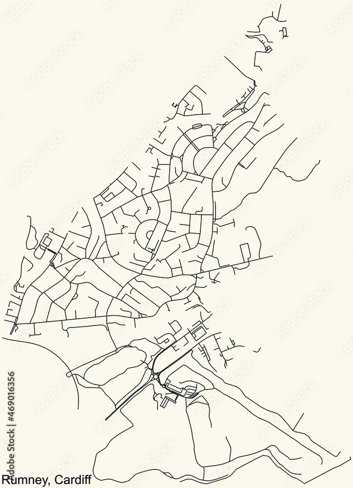 Detailed navigation urban street roads map on vintage beige background of the quarter Rumney electoral ward of the Welsh capital city of Cardiff, United Kingdom