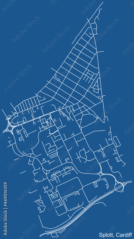 Detailed navigation urban street roads map on blue technical drawing  background of the quarter Splott electoral ward of the Welsh capital city of Cardiff, United Kingdom