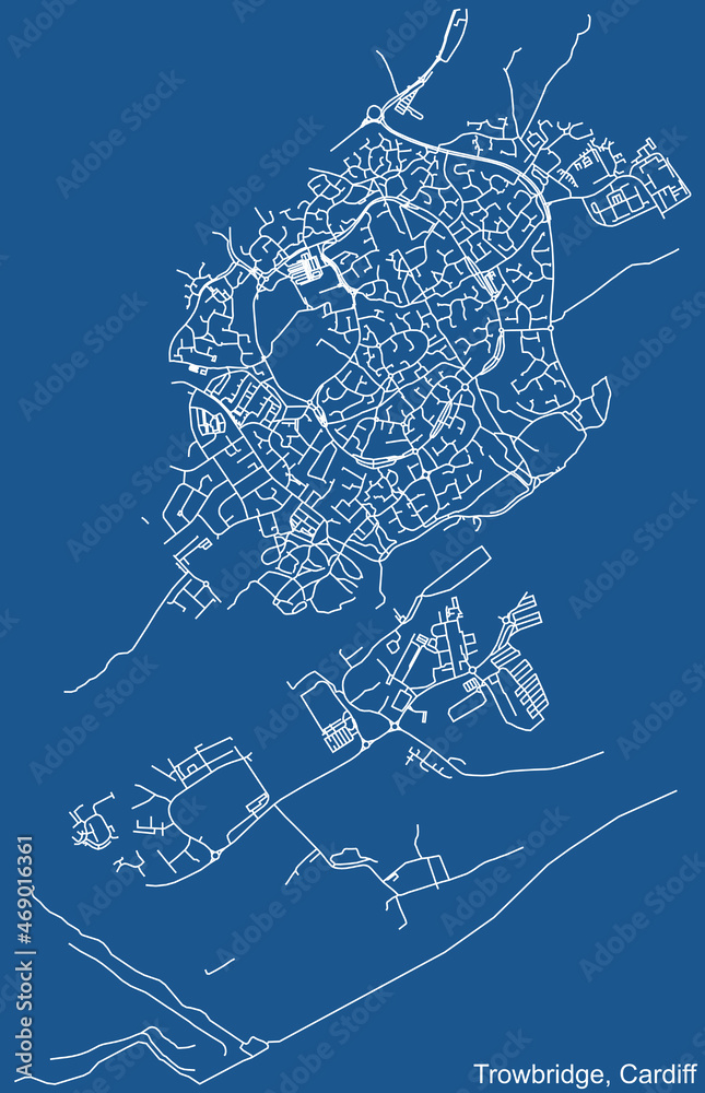 Obraz premium Detailed navigation urban street roads map on blue technical drawing background of the quarter Trowbridge electoral ward of the Welsh capital city of Cardiff, United Kingdom