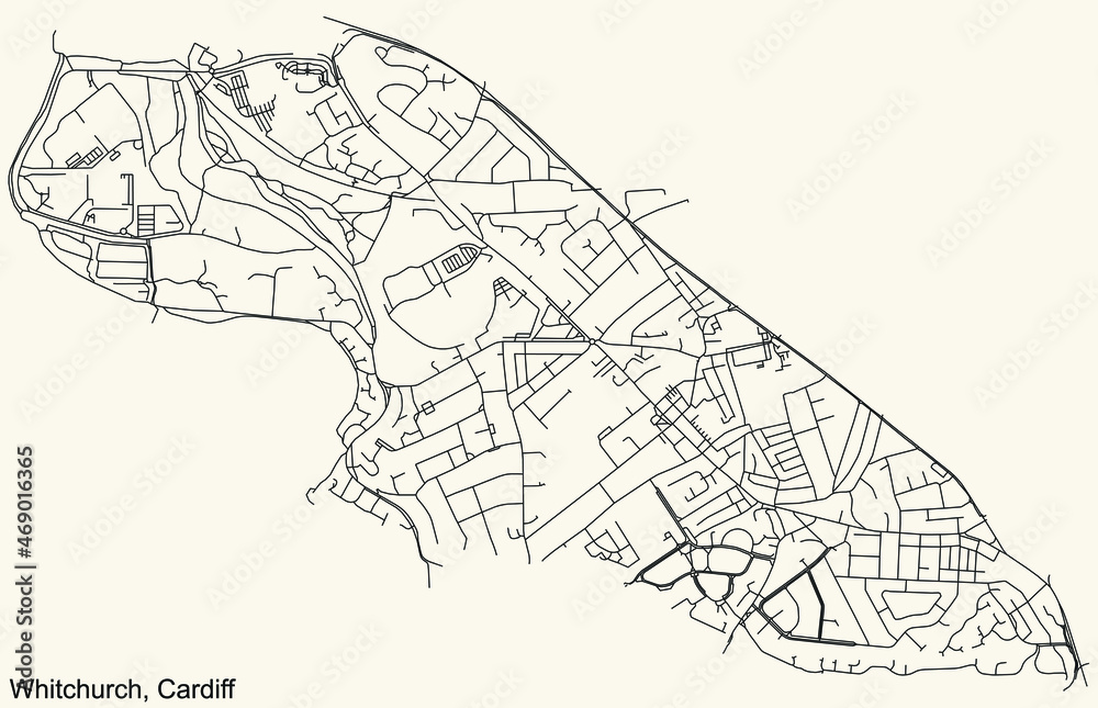 Detailed navigation urban street roads map on vintage beige background of the quarter Whitchurch electoral ward of the Welsh capital city of Cardiff, United Kingdom