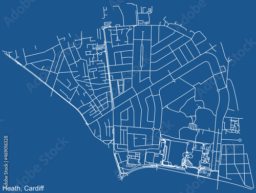 Detailed navigation urban street roads map on blue technical drawing background of the quarter Heath electoral ward of the Welsh capital city of Cardiff, United Kingdom