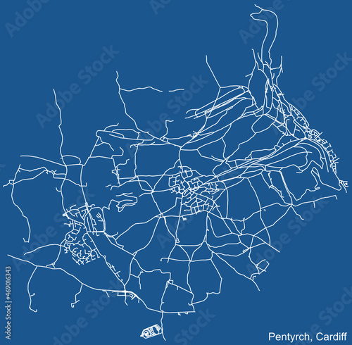 Detailed navigation urban street roads map on blue technical drawing background of the quarter Pentyrch electoral ward of the Welsh capital city of Cardiff, United Kingdom