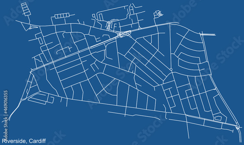 Detailed navigation urban street roads map on blue technical drawing background of the quarter Riverside electoral ward of the Welsh capital city of Cardiff, United Kingdom