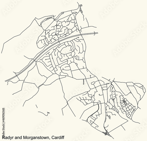 Detailed navigation urban street roads map on vintage beige background of the quarter Radyr and Morganstown community of the Welsh capital city of Cardiff  United Kingdom
