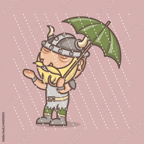 cute cartoon viking wearing umbrella playing in the rain. vector illustration for mascot logo or sticker