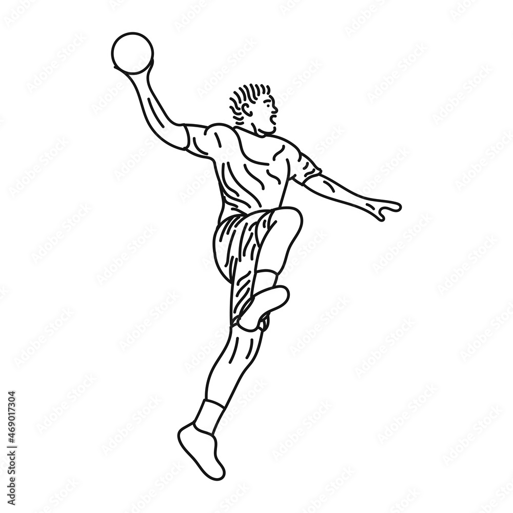 Vector black line sketch illustration of a handball player