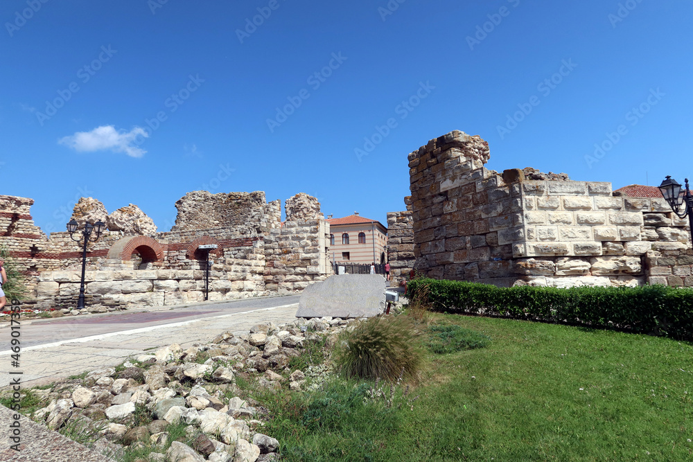 Ruins of old historical centre of the town Nesebar. Fortifications at the entrance of the city. UNESCO World heritage site Nesabar, Bulgaria