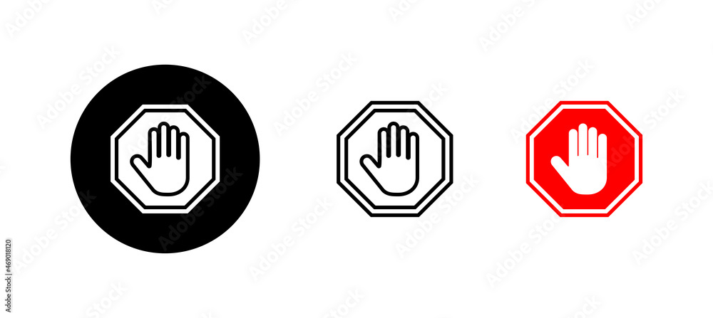 Stop icons set. stop road sign. hand stop sign and symbol. Do not enter stop red sign with hand Stop icons set. stop road sign. hand stop sign and symbol. Do not enter stop red sign with hand