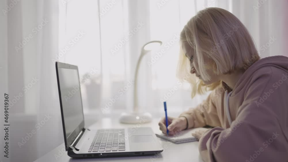 blonde teenager girl doing homework behind a laptop and looking attentively at the screen.