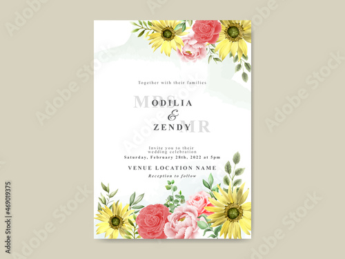 Elegant sunflower and rose watercolor wedding invitation template