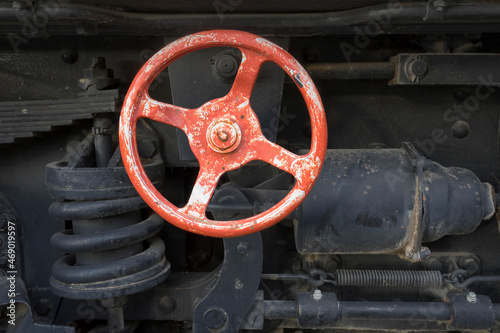 Brake wheel on an old railway wagon.