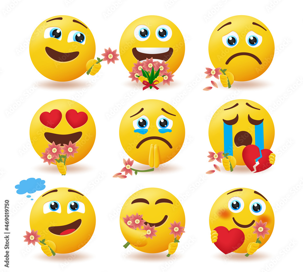 Emoji suitor characters vector set. Emoticons admirer smileys holding and giving flowers with happy and sad expression for valentine in love and broken character design. Vector illustration.
Emoji suitor characters vector set. Emoticons admirer smileys holding and giving flowers with happy and sad expression for valentine in love and broken character design. Vector illustration.