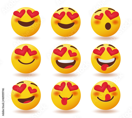 Smiley love emojis vector set. Valentine emoticons character in love facial expression with heart eyes element isolated in white background for romantic emoji collection design. Vector illustration.
