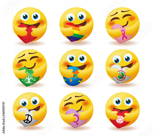 Emoji care emoticon vector set. Emoticons smiley characters in hug pose with heart elements of world, peace and nature for emojis caring character collection design. Vector illustration. 