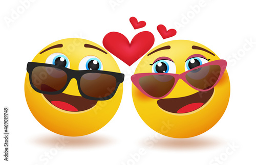 Emoji couple vector concept design. Smiley 3d inlove lovers character with eyes looking each other wearing sunglasses for smileys valentine's day emoticons. Vector illustration.
