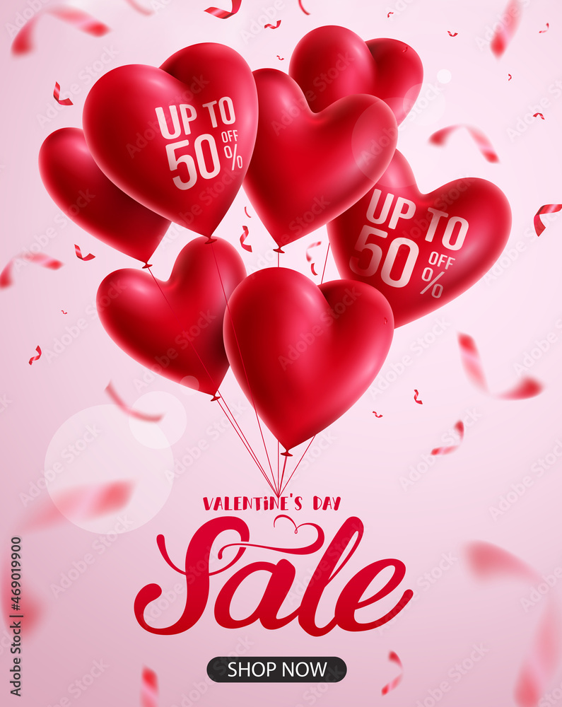 Valentines sale vector design. Valentine's day sale text with up to 50% off discount price in red hearts balloon for romantic shopping celebration business promotion ads. Vector illustration.
