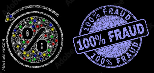 Glossy polygonal mesh web percent back icon with glare effect on a black background, and 100% Fraud unclean stamp seal. Illuminated vector mesh created from percent back symbol,