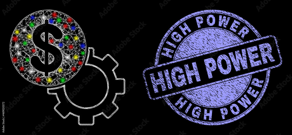 Glossy polygonal mesh web dollar setup gear icon with glare effect on a black background with High Power rubber seal. Illuminated vector structure created from dollar setup gear icon,