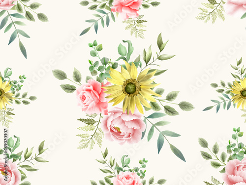 Elegant sunflower and rose watercolor seamless pattern