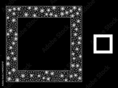 Glossy polygonal mesh net empty square icon with glitter effect on a black background. Constellation empty square iconic vector with flash dots in magic colors.