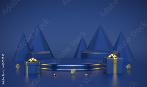 Blue round and cube podium. Scene and 3D platform with gold circle and cone shape pine or spruce trees on blue background. Blank Pedestal with gift boxes with golden bow and balls. Vector illustration