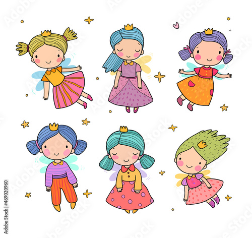 Cute little cartoon fairy girls. Elves princesses with wings. Illustration for coloring books. Vector