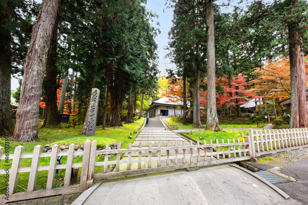 日本のお寺　紅葉の中尊寺金色堂覆堂