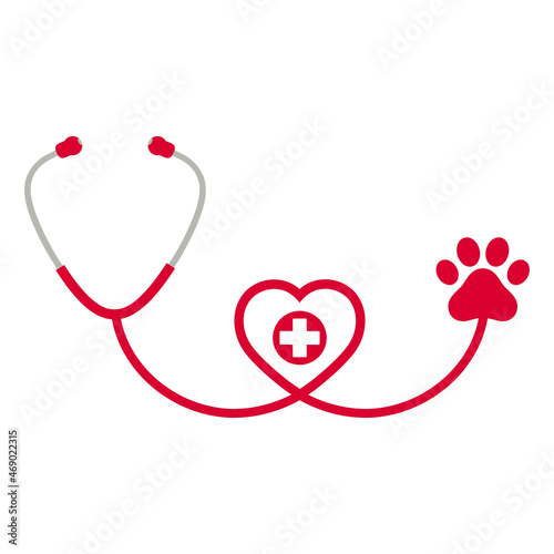 Illustration logo for a veterinary practice with a stethoscope and a paw print on a white background