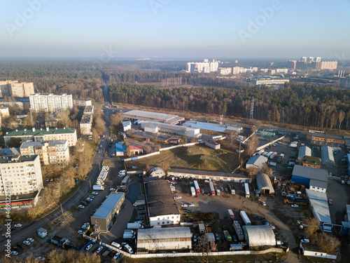 Skyline of Balashikha. View of the warehouse area and the garage area. City of Balashikha, Moscow oblast, Russia.