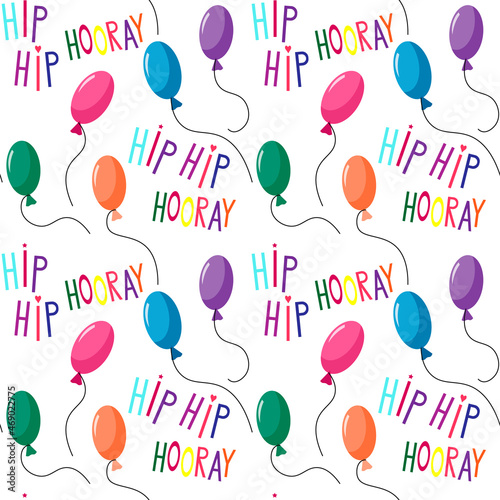 Festive pattern with letters - hip hip hooray and balloons. Vector illustration. For use in packaging, gifts, covers, brochures and flyers, birthday and childrens parties. photo