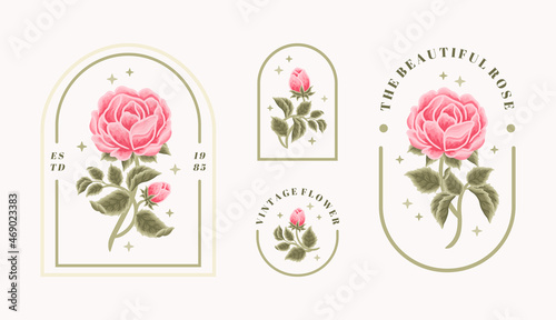 Set of vintage feminine beauty rose floral logo elements with frame