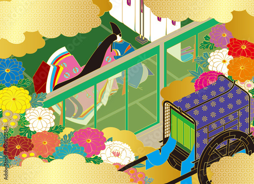 王朝絵巻風の貴族の逢瀬と御所車と花のイラスト