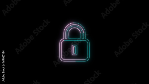 Glowing neon line Password protection and safety access icon isolated on black background. Lock icon. Security, safety, protection.