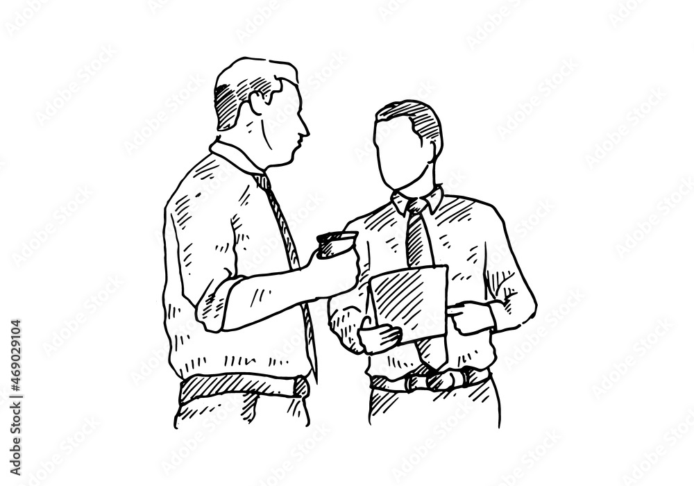 After the meeting, while walking into the workroom the two workers discussed holding a cup of coffee and holding a file. vector draw graphic design illustration sketch After the meeting, while walking into the workroom the two workers discussed holding a cup of coffee and holding a file. vector draw graphic design illustration sketch