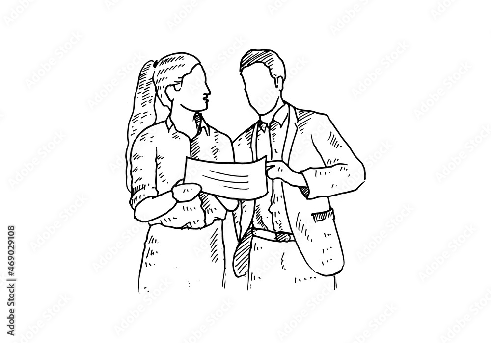 An employee is looking at the meeting results, to his coworkers. vector draw graphic design illustration sketch An employee is looking at the meeting results, to his coworkers. vector draw graphic design illustration sketch