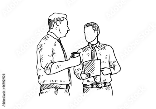 After the meeting, while walking into the workroom the two workers discussed holding a cup of coffee and holding a file. vector draw graphic design illustration sketch