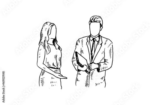 Morning discussion while walking into the meeting room, a beautiful female boss and a handsome employee holding a pile of files for meeting materials. vector draw graphic design illustration sketch