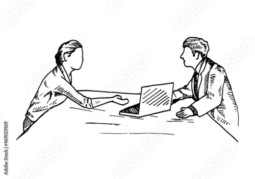 A great debate between two businessmen at a meeting table, by showing the evidence on a laptop. vector draw graphic design illustration sketch