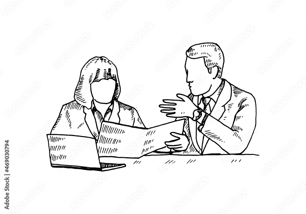 A boss submits a revised draft of work submitted by his subordinates, in the office, at the desk, with his files and laptop. vector draw graphic design illustration sketch A boss submits a revised draft of work submitted by his subordinates, in the office, at the desk, with his files and laptop. vector draw graphic design illustration sketch