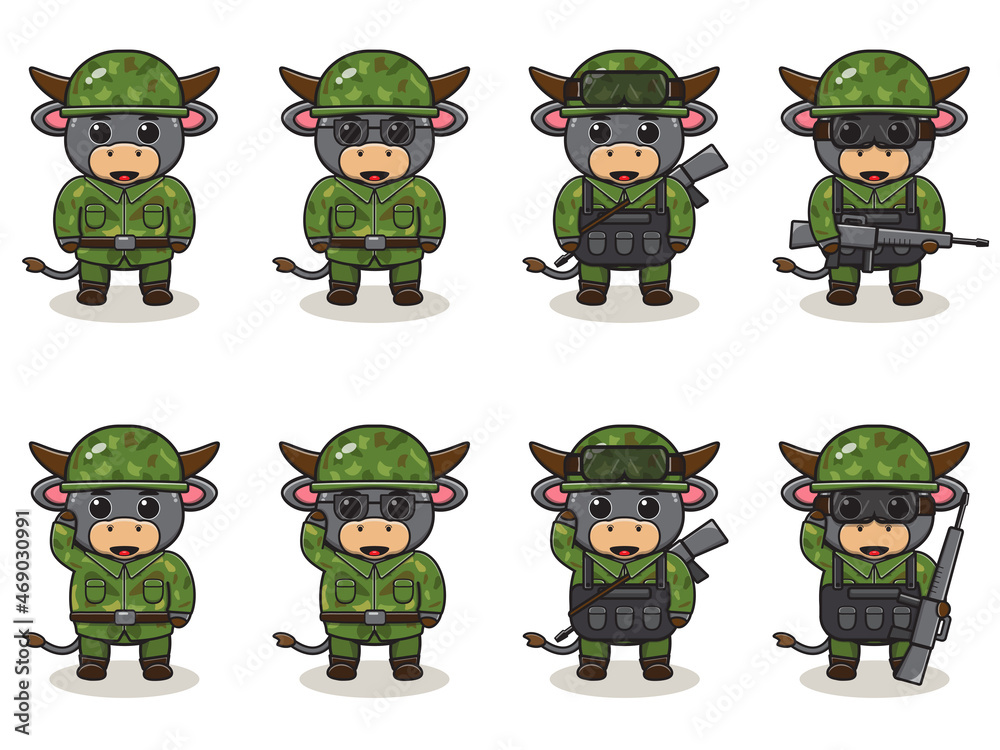 Cute Buffalo Army cartoon. Set of Animal soldiers. flat animal cartoon  character design. Soldiers Isolated vector illustration. Stock Vector |  Adobe Stock