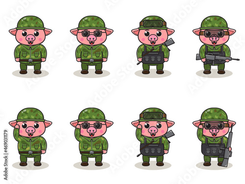 Cute Pig Army cartoon. Set of Animal soldiers. flat animal cartoon character design. Soldiers Isolated vector illustration.