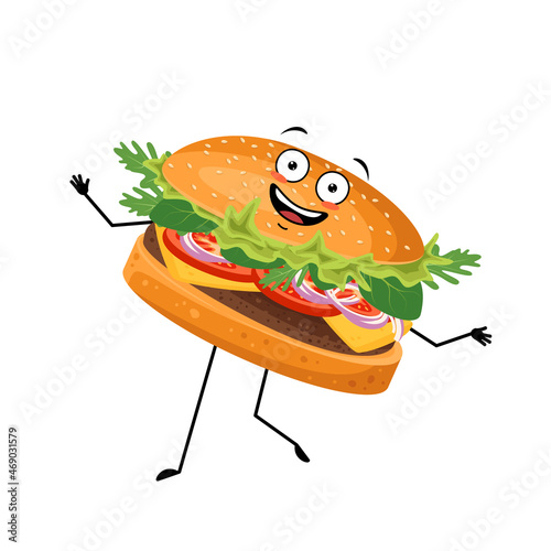 Cute character hamburger with happy emotions, face, smile, eyes, arms and legs. Cheerful fast food person, sandwich with joyful expression. Vector flat illustration of products and meat meals