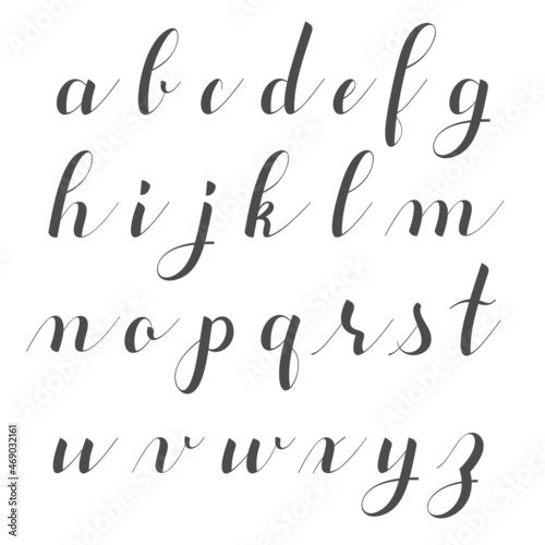 Calligraphy alphabet. Handwritten font. Manuscript abc. English lowercase letters. Clean lines, easy to edit. Vector illustration.