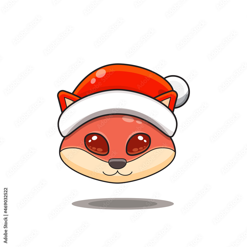 cute fox wearing christmas hat, cute animal head wearing santa hat, cartoon character in kawaii and glossy style