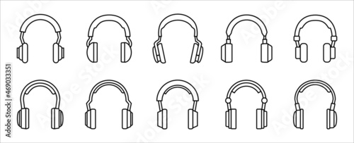 Headphone icon set. Headset vector icons set. Over ear headphone assorted illustration. Symbol of customer service, help and support center and audio music listening. Outline design style.