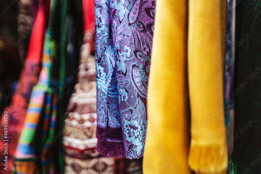 Traditional fabrics souvenir in the Christian Quarter of Jerusalem Old City.